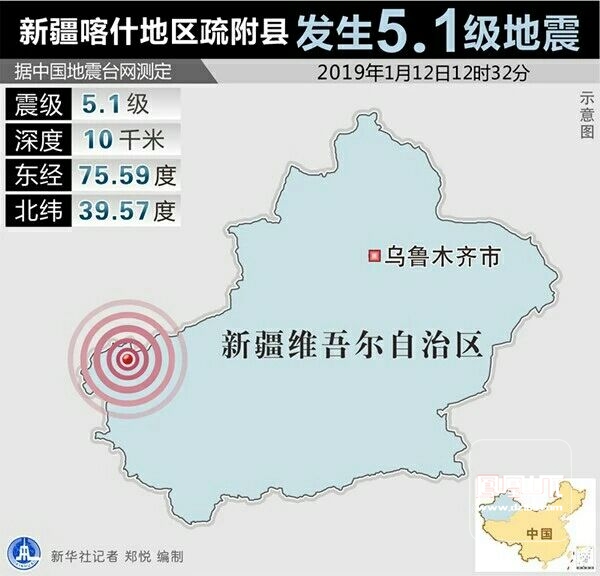 中国地震台网正式测定:12日12时32分,在新疆喀什地区疏附县发生5.图片